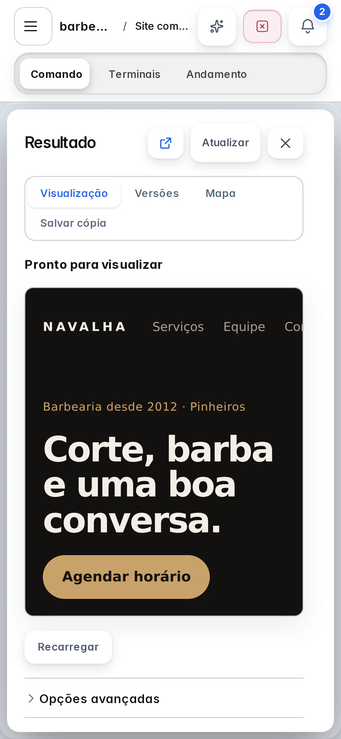 A prévia do site da barbearia aberta no Cockpit.